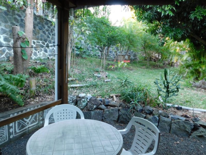 Vue sur le jardin de la terrasse du Bungalow papaye en location meublée